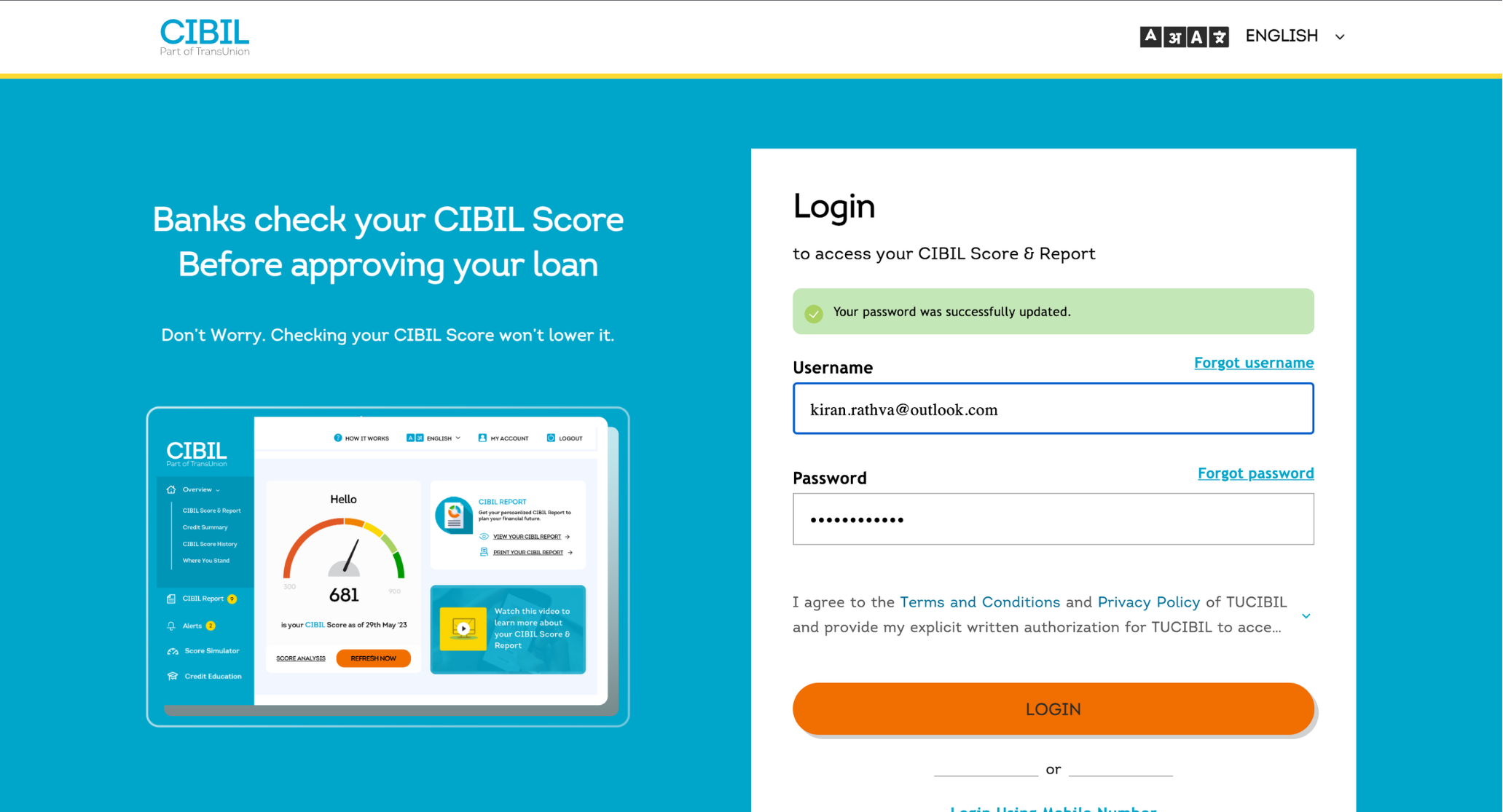 CIBIL login page showing username, password and login button to access CIBIL Score and Report.
