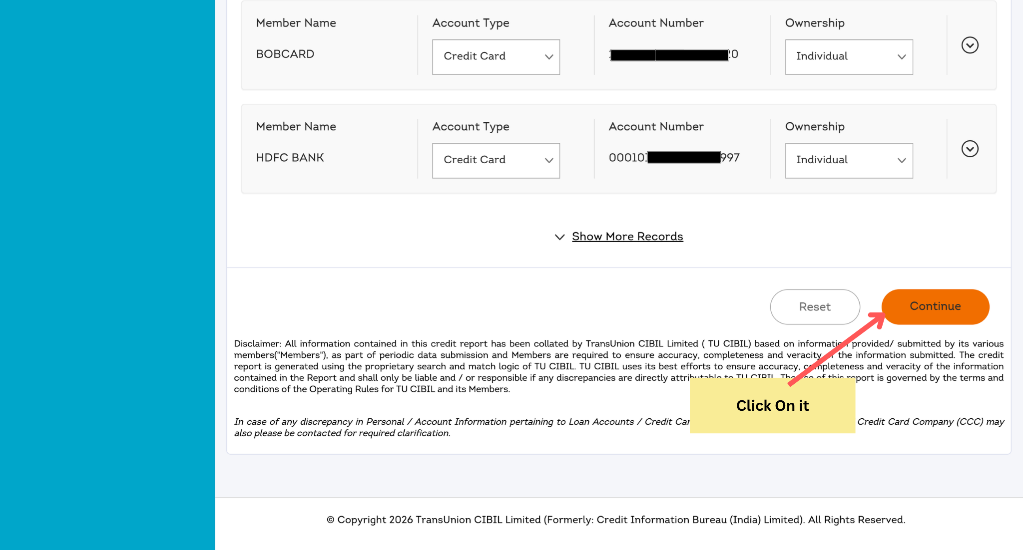 Click Continue to proceed with raising the CIBIL dispute