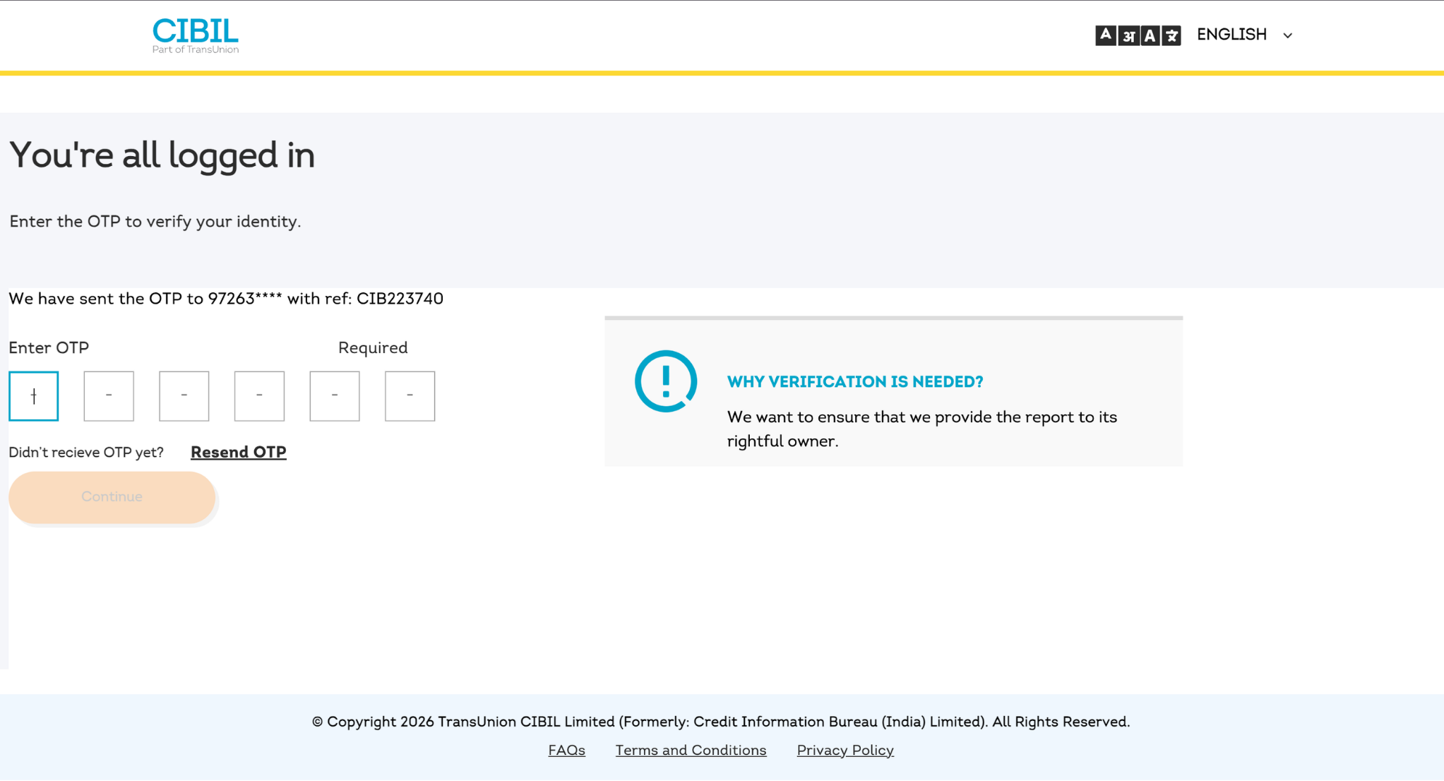 CIBIL OTP verification page showing one-time password entry to verify identity and access the CIBIL account.