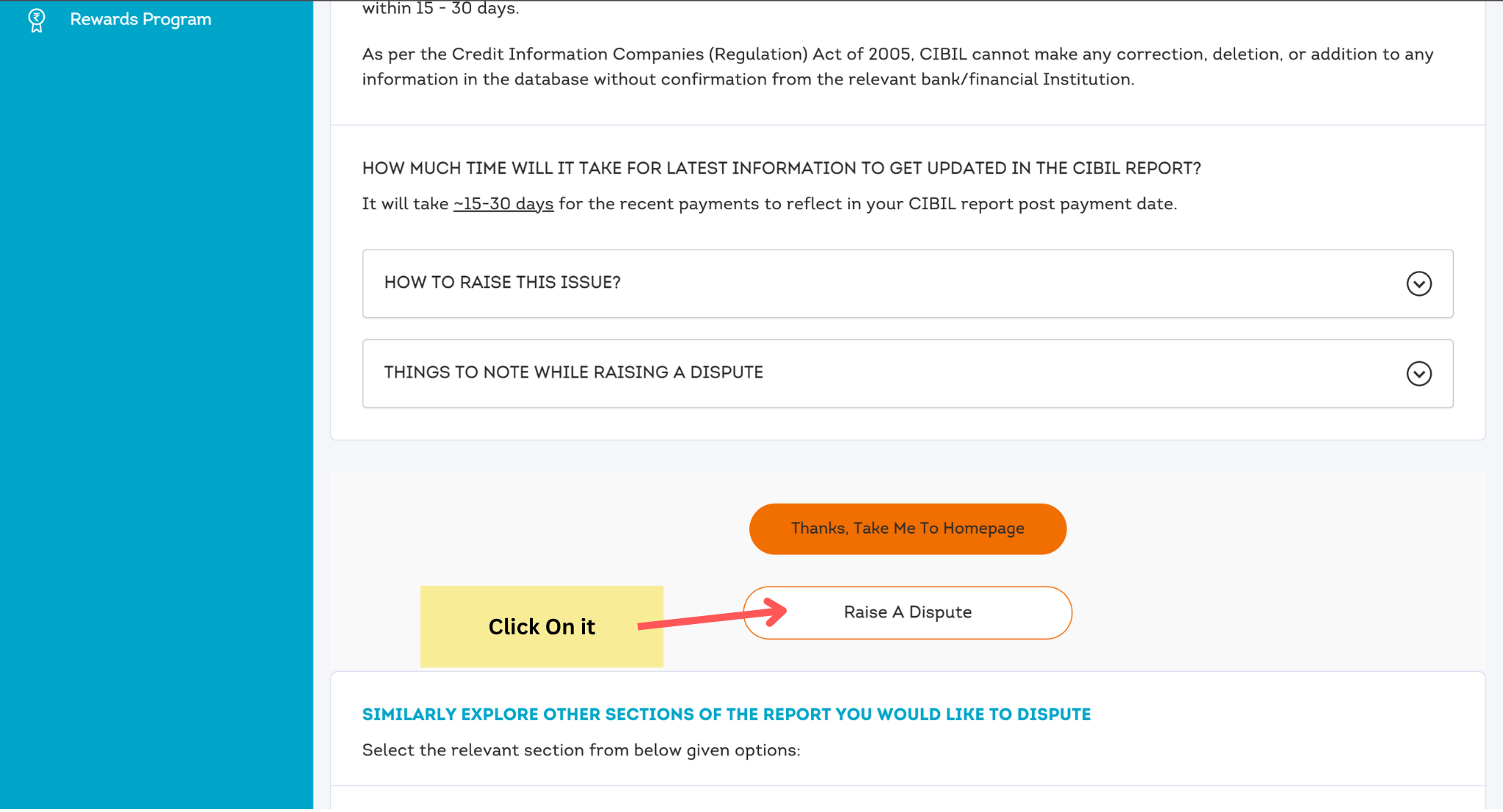 Scroll down on the CIBIL dispute page and click the Raise a Dispute button to continue