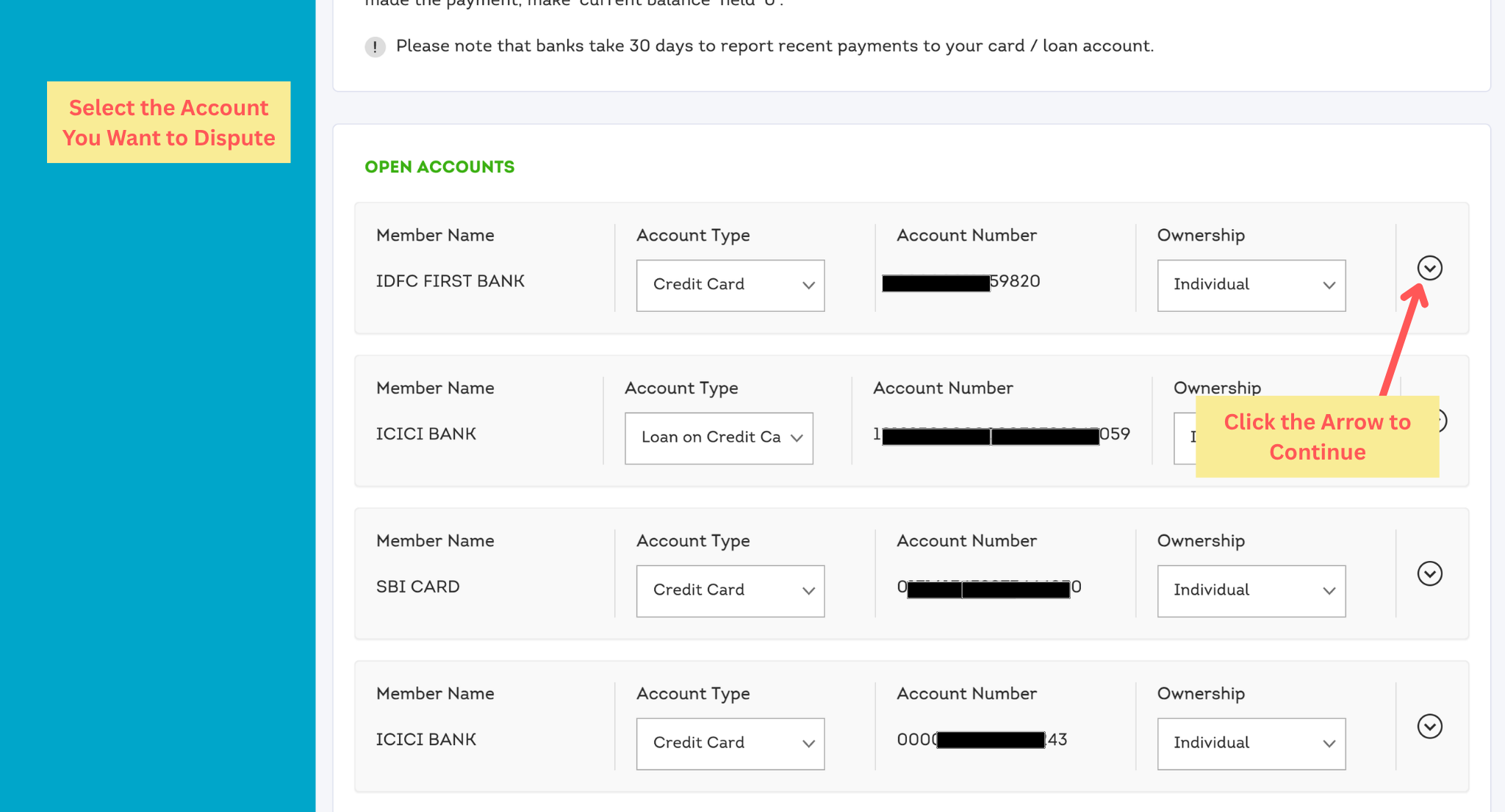 Select the loan or credit card account you want to dispute in your CIBIL report