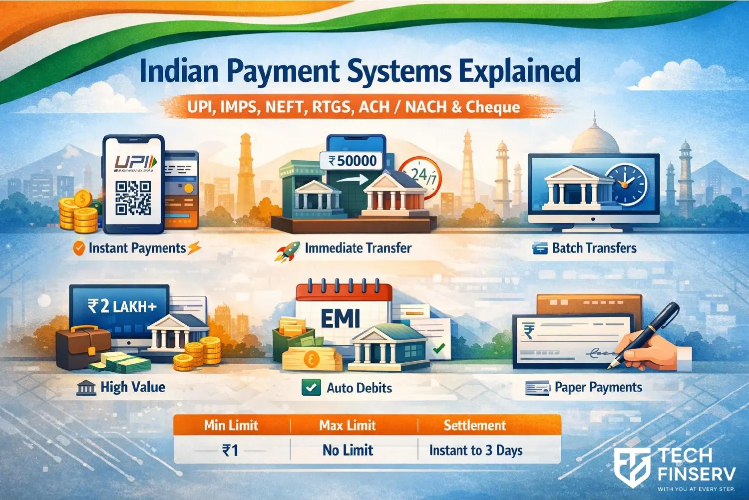 Indian payment systems explained including UPI, IMPS, NEFT, RTGS, NACH and Cheque